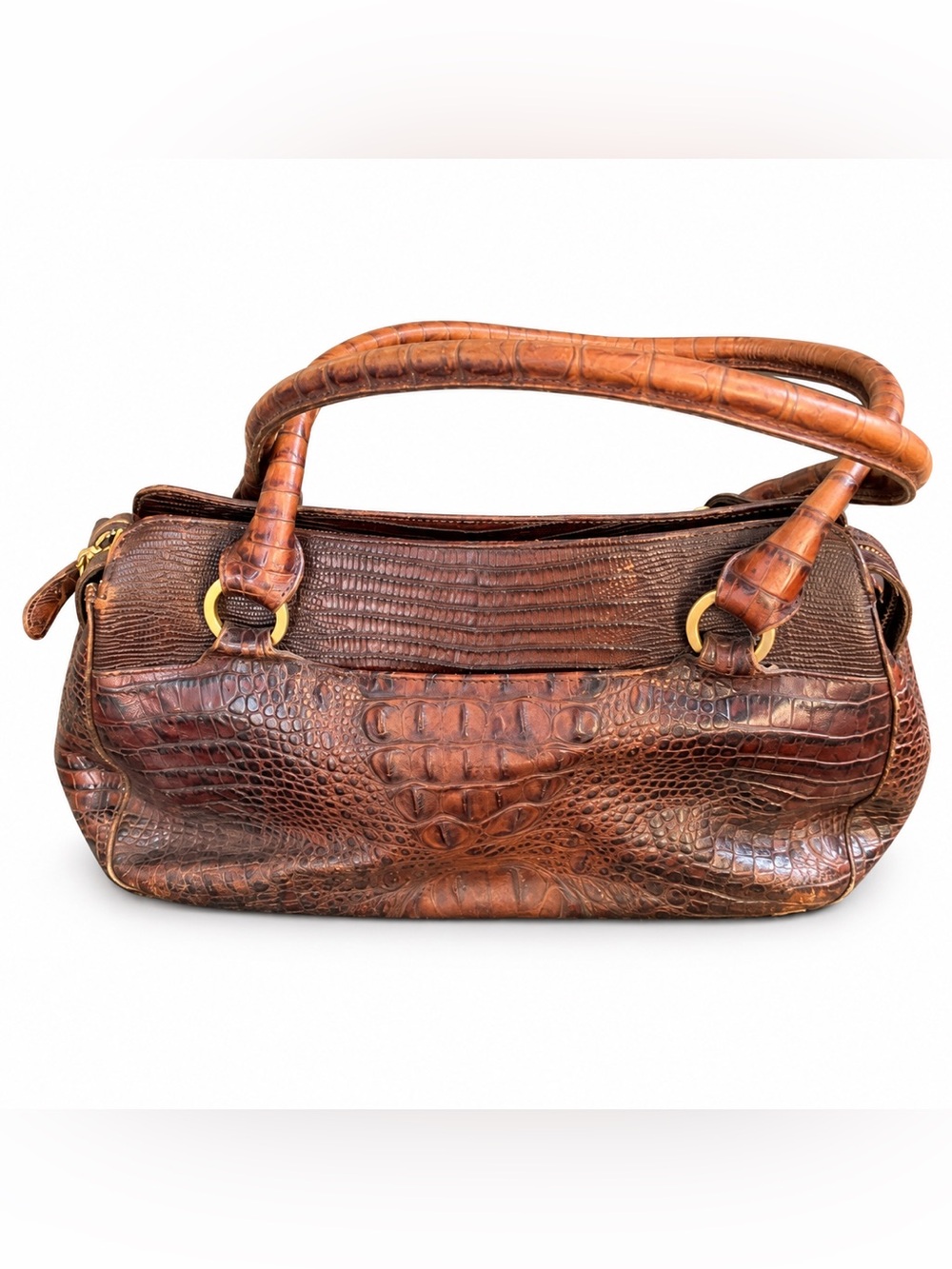 Brahmin Brown Croc Embossed Leather Satchel Gold Medallion Bag